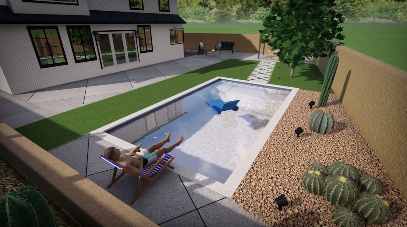 Modern rectangular backyard pool with artificial turf, desert landscaping, cacti, and a contemporary home creating a clean, low-maintenance outdoor space.