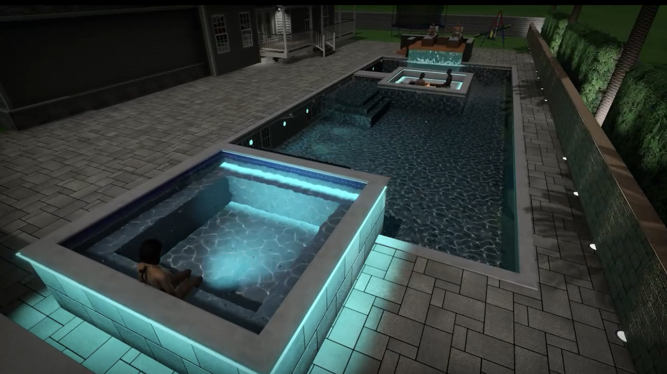 Luxury backyard pool at night featuring illuminated spas, LED lighting, raised water features, and modern paver decking for an upscale outdoor living space.