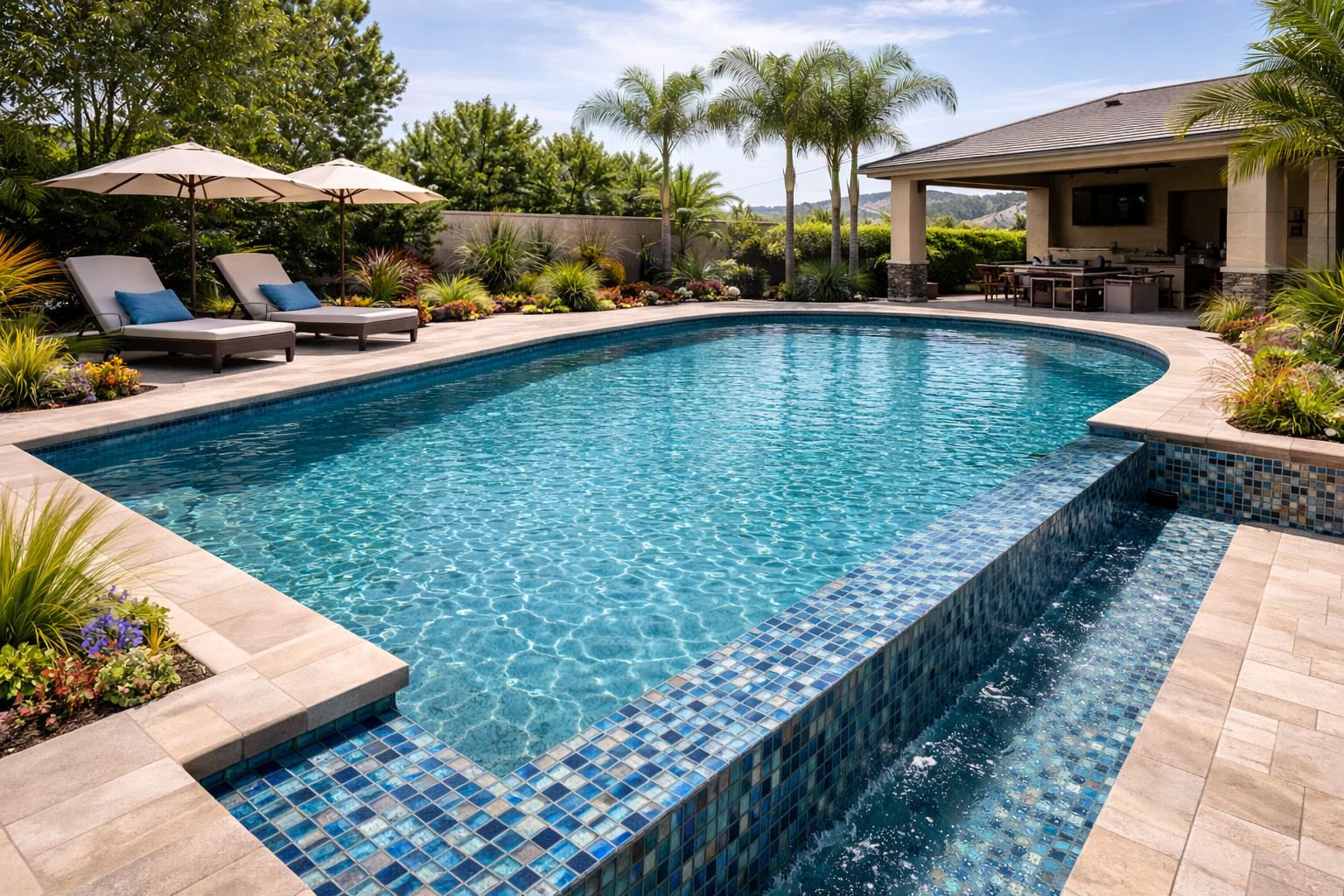 infinity edge pool with glass tile